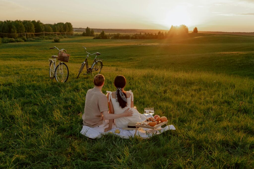 Picnic Accessories - Category Page 2 Couple enjoying a romantic picnic with bicycles in a scenic field during sunset.