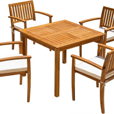 5-Piece Acacia Outdoor Dining Set - Wood Patio Table and Chairs with Cushions
