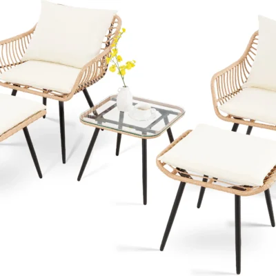 5-Piece Bistro Outdoor Chairs Set with Ottoman & Coffee Table - Modern Patio Furniture