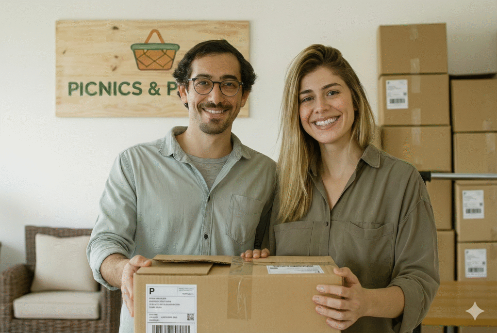 Picnics & Patios founders Joey and Jordan in the warehouse with boxes being prepared for shipment.