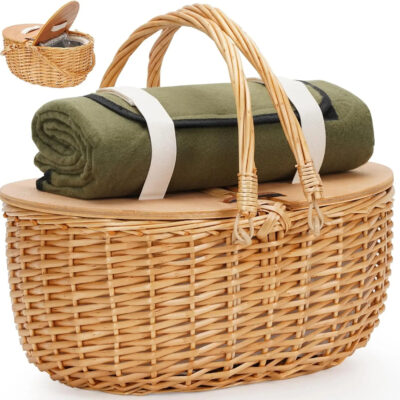 Vintaged insulated picnic basket with green waterproof blanket.
